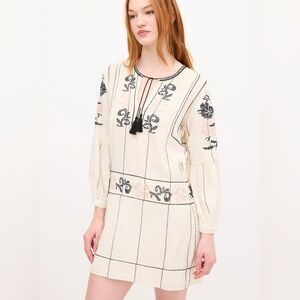 Ulla Johnson Dalia Embroidered Mini Tunic Dress in Cream and Black sz 6